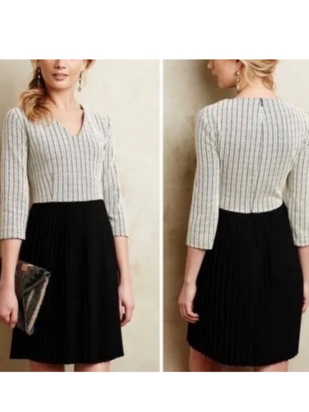 Ganni X Anthropologie Cross knit Black & White Herringbone Pleated Mini Dress XL